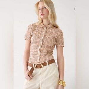 NWT J. Crew Smocked Gingham Button Up Shirt XXL Tan Orange Red